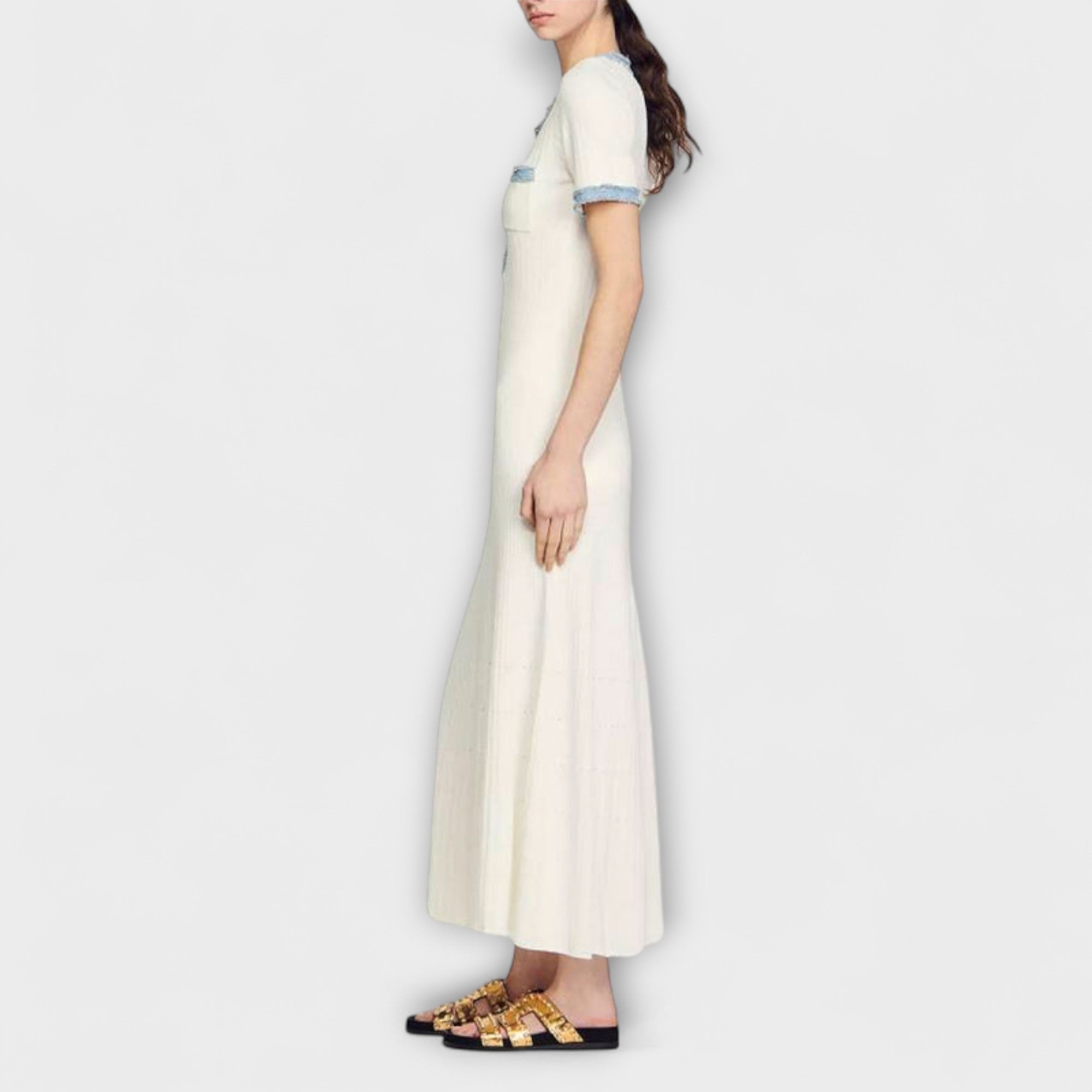 Elegante Maxi Jurk met Korte Mouwen, Knopen Voorzijde & Denim Afwerking | Stijlvolle Zomeroutfit voor Dames