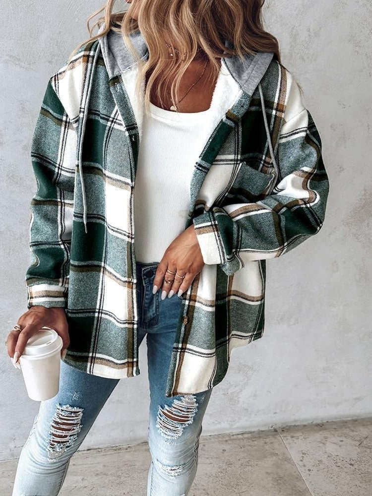 Dames Geruite Jas met Capuchon – Warme Fleece Gevoerde Button-Down Winterjas