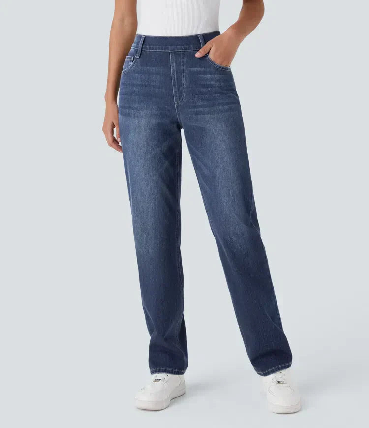 Dames Hoge Taille Stretch Broek – Comfortabele Slim Fit met Zakken
