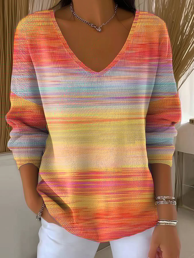 Gestreepte Gradient Gebreide Trui voor Dames – Lichtgewicht V-Hals Pullover