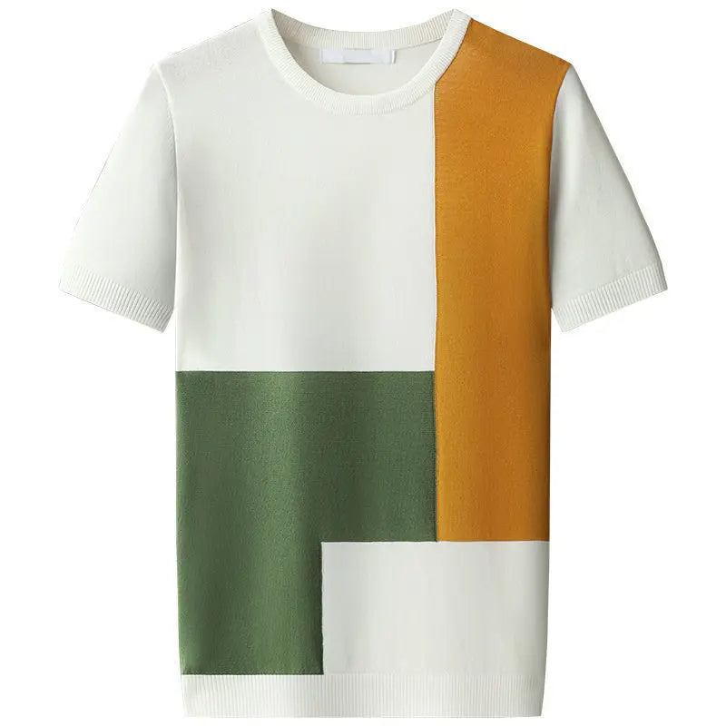Colorblock Shirt voor Heren – Stijlvol Stretch-Knit T-shirt met Geometrisch Design