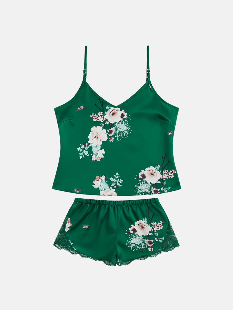 Lichtgewicht Satijnen Pyjama Set – Zachte Bloemen Cami & Shorts voor Koele Zomernachten