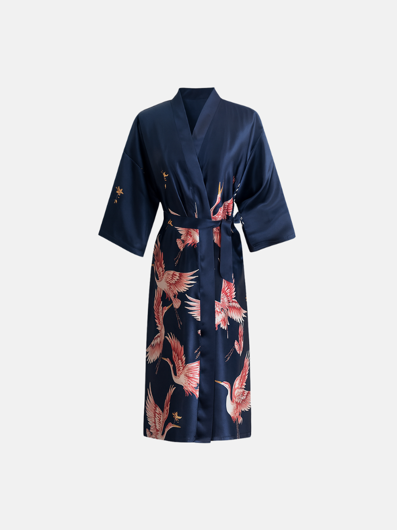 Lichtgewicht Zijde Kimono Met Kraanvogelprint – Elegante Zomer Badjas voor Bruid, Bruidsmeisjes & Loungewear
