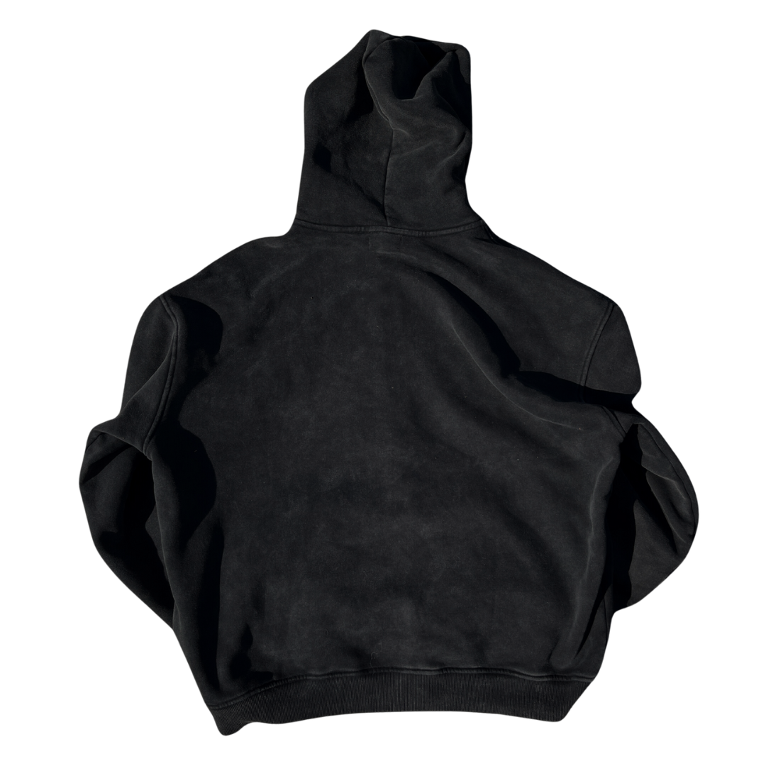 Zwarte Hoodie met Rits – Acid Wash, Fleece Voering & Comfortabele Pasvorm