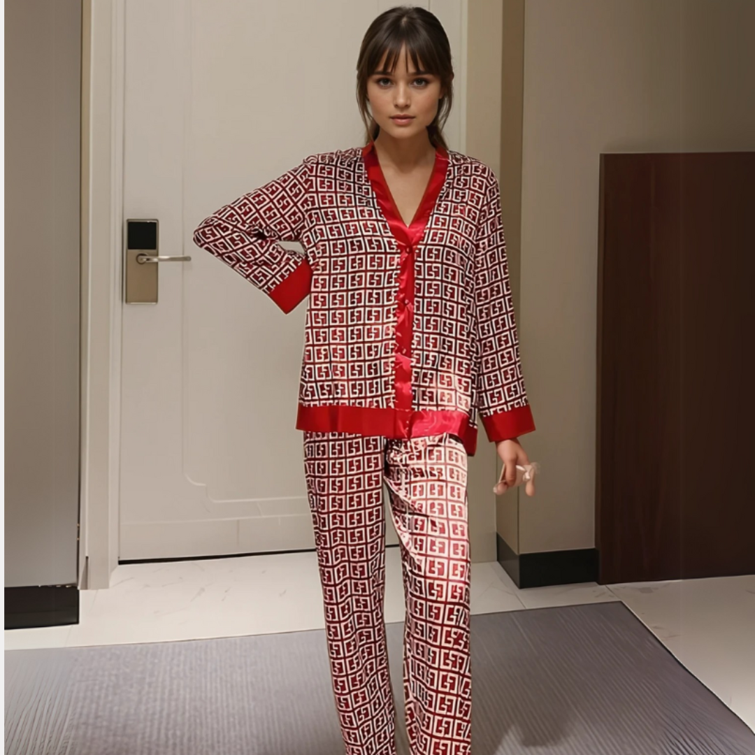 Dames IJszijde Pyjama Set – Satijnlook Loungewear met V-Hals Cardigan en Lange Mouwen – Lichtgewicht & Ademend