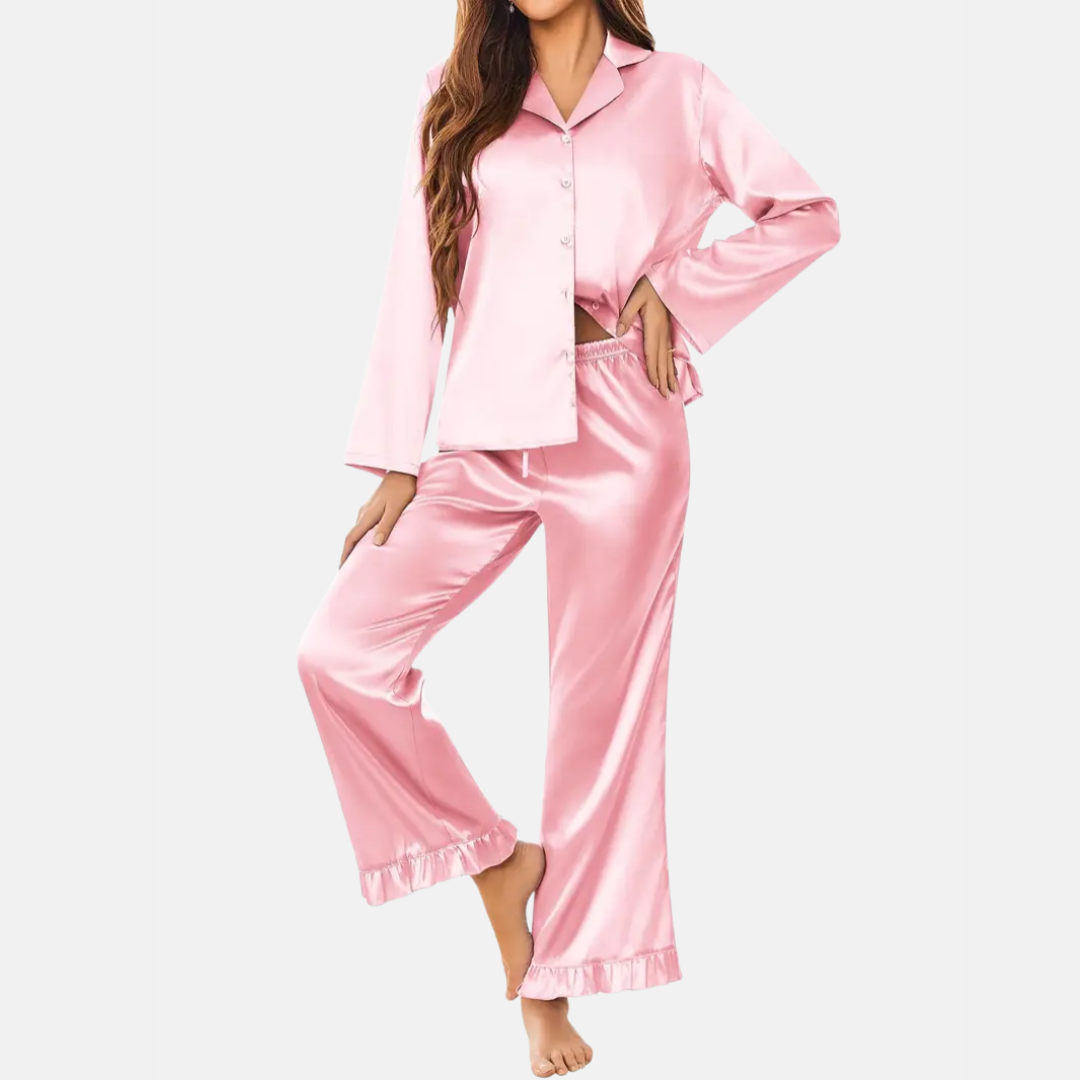 Zachte Satijnen Dames Pyjama Set – 2-Delige Loungewear met Lange Mouwen & Knoopsluiting