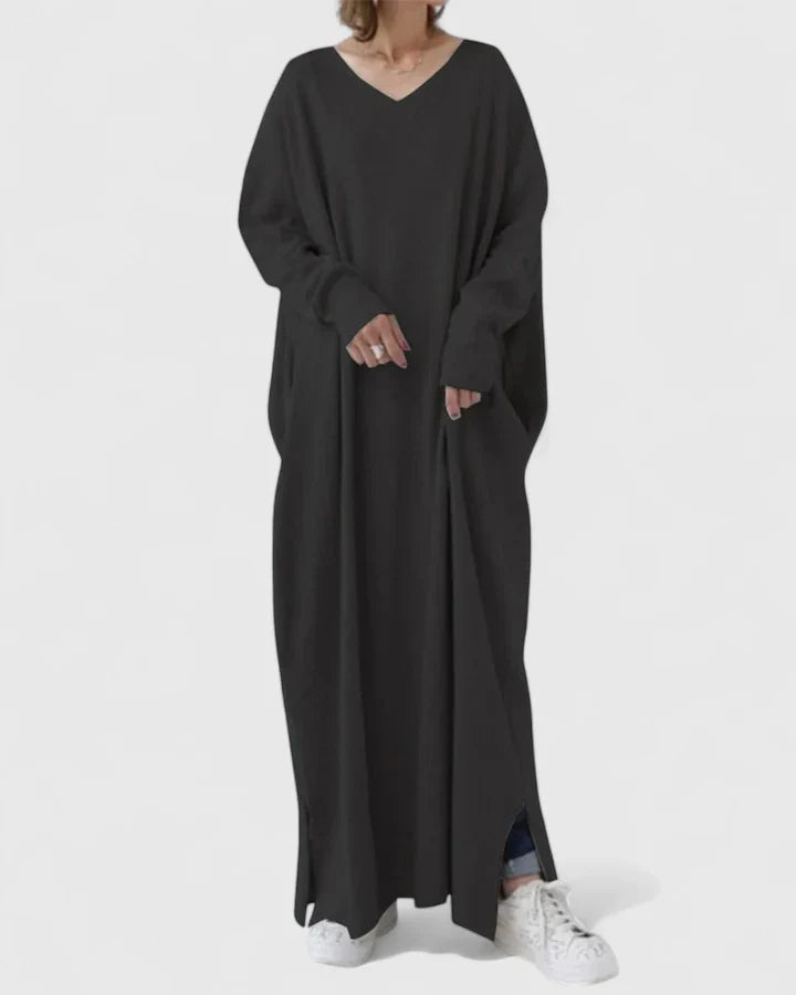 Comfortabele Lange Mouwen V-Hals Jurk – Luchtig, Minimalistisch & Elegante Dagelijkse Stijl
