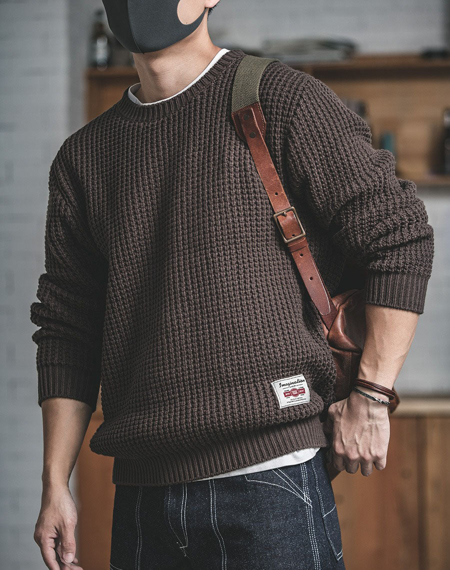 Retro Heren Wol Trui – Losse Pasvorm Ronde Hals Gebreide Pullover voor Herfst & Winter