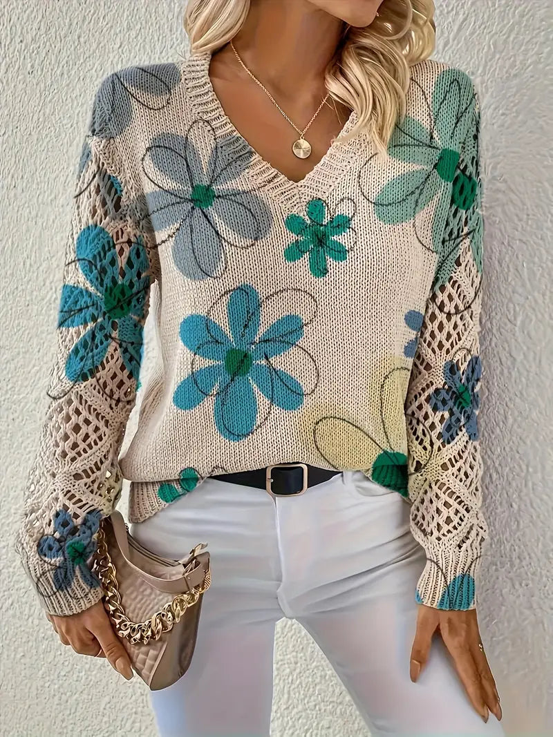 Elegante Lange Mouwen Trui Met Bloemenprint – Comfortabele Damestrui voor Casual & Stijlvolle Outfits