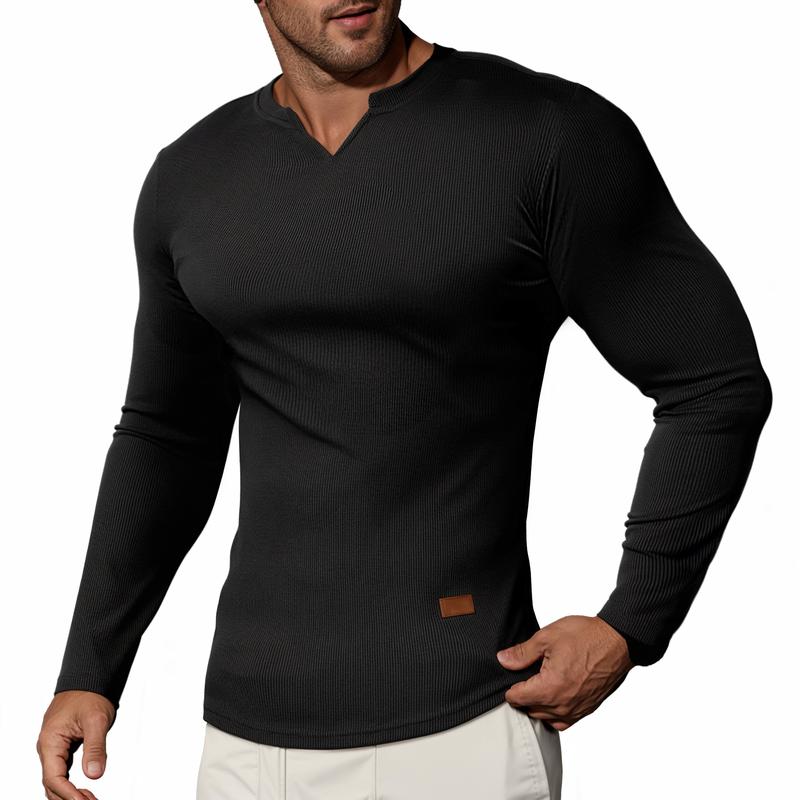 Heren Slim Fit Geribd Longsleeve Shirt – Casual Katoenen V-hals Top