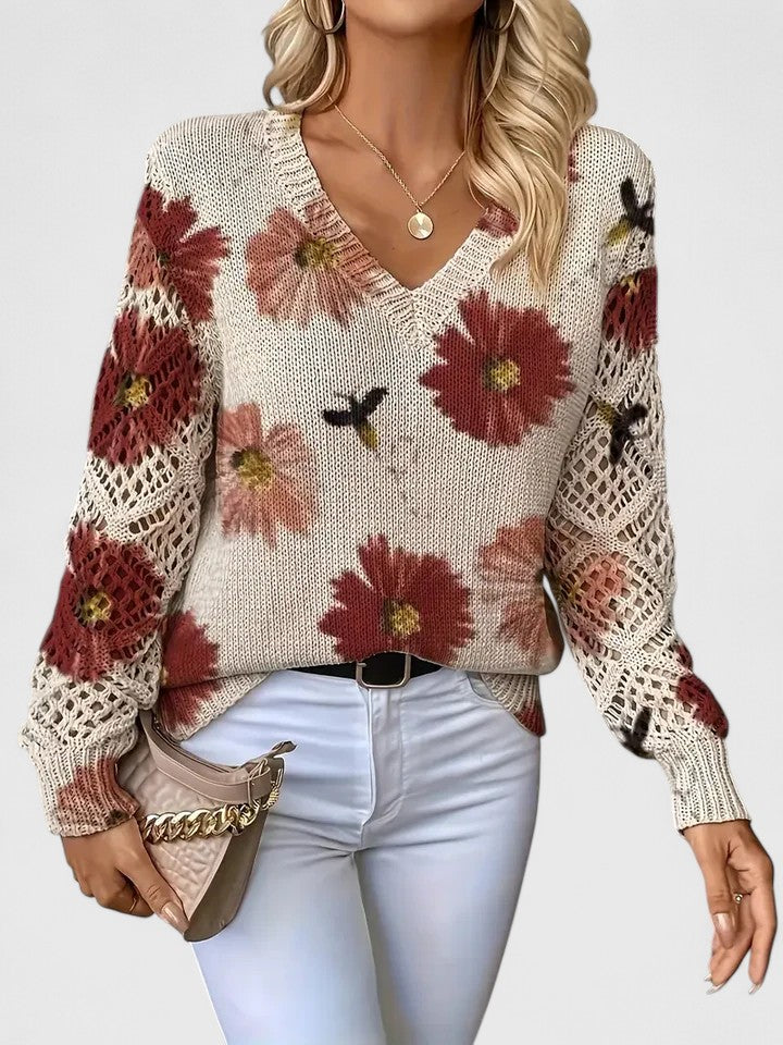 Elegante Bloementrui met Luchtige Mouwen en Zachte V-Hals