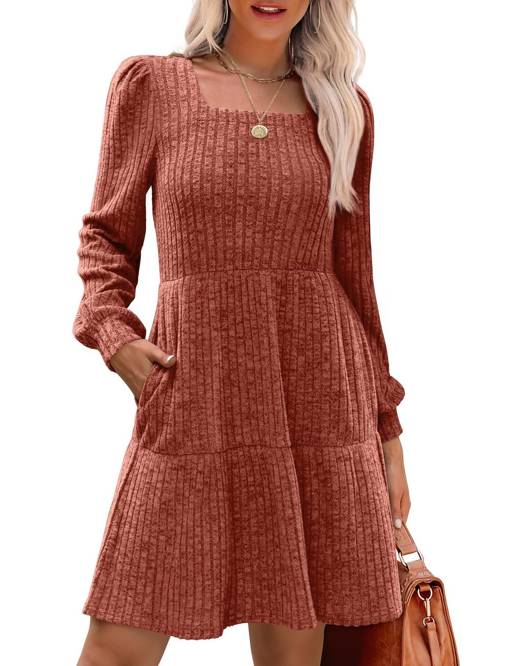 Flowy Gebreide Trui Jurk voor Dames – Casual Vierkante Hals en Lange Mouwen