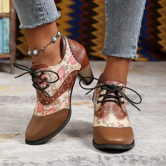 Dames Boheemse Enkellaarsjes met Blokhak – Orthopedische Comfort Veterlaarzen met Bloemenprint