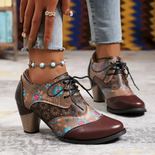 Dames Boheemse Enkellaarsjes met Blokhak – Orthopedische Comfort Veterlaarzen met Bloemenprint