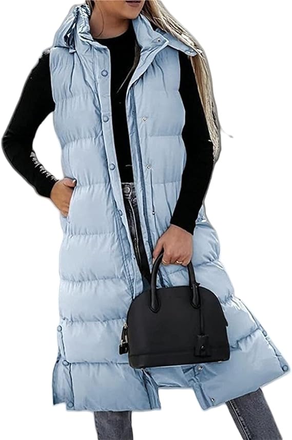 Warme Lange Gewatteerde Bodywarmer voor Dames – Mouwloos Vest met Capuchon en Zijsplitten
