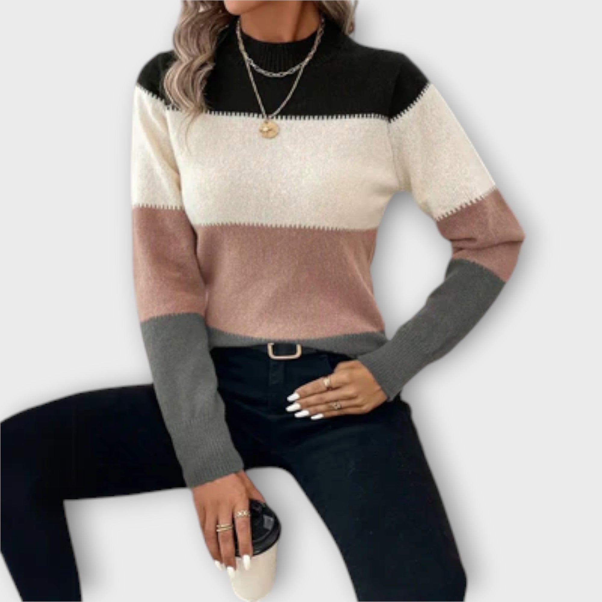 Dames Kleurblok Gebreide Trui – Zachte Lange Mouwen Pullover met Strepenpatroon