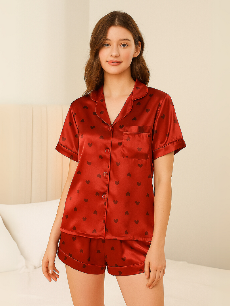 Zijdezacht Satijnen Dames Pyjama Set – Lichtgewicht Zomerslaapset met Verstelbare Short