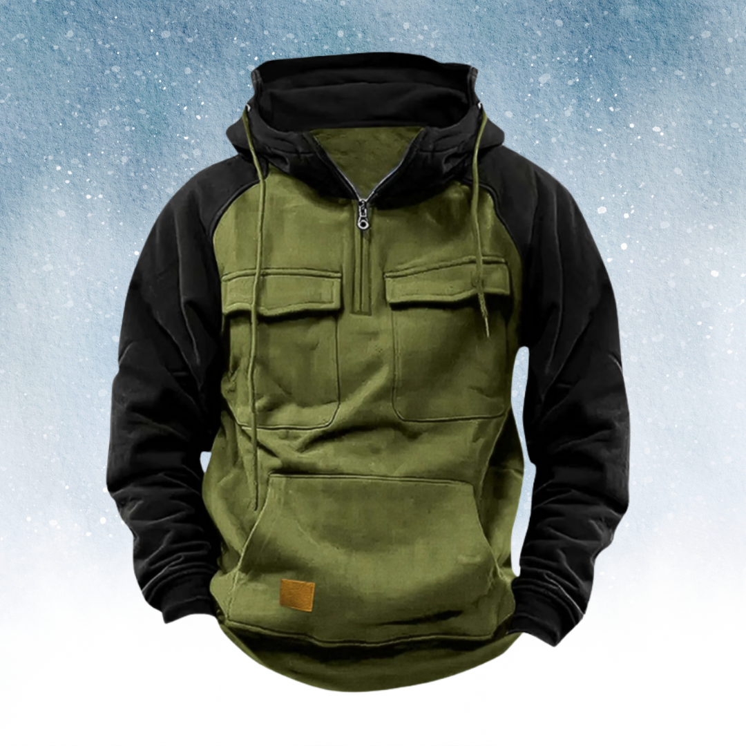 Multifunctionele Winter Hoodie voor Heren – Warme & Stijlvolle Kleurblok Hoodie met Praktische Zakdetails