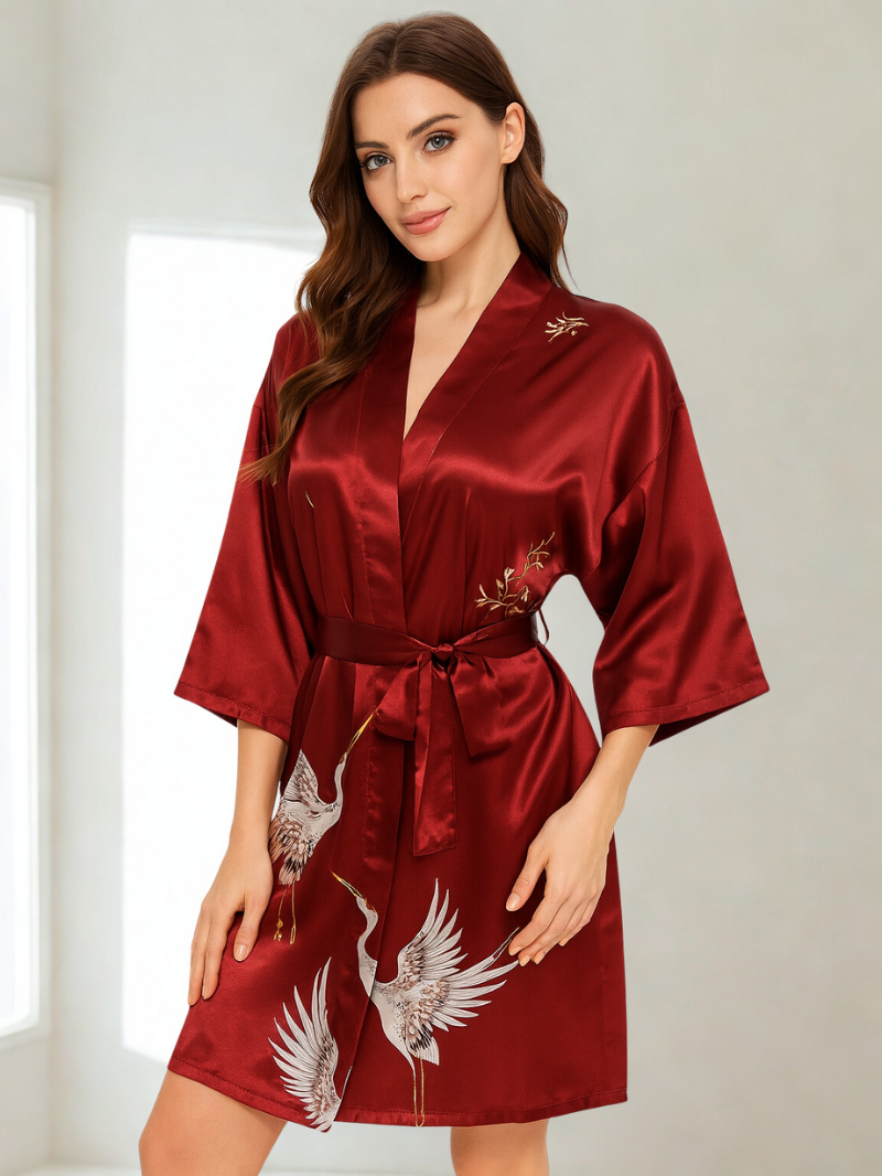 Lichtgewicht Zijde Kimono Met Kraanvogelprint – Elegante Zomer Badjas voor Bruid, Bruidsmeisjes & Loungewear