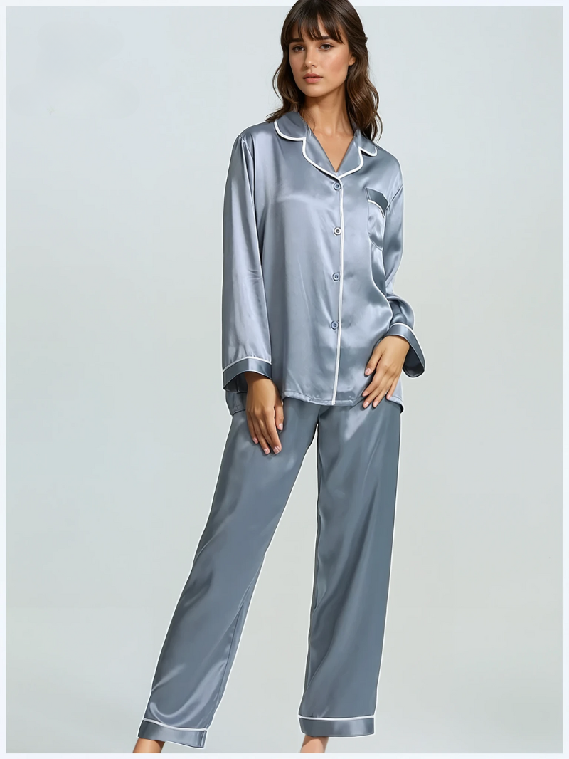 Luxe 22mm Moerbeizijde Dames Pyjama Set – Lange Mouw & Broek | Zachte, Ademend Nachtkleding