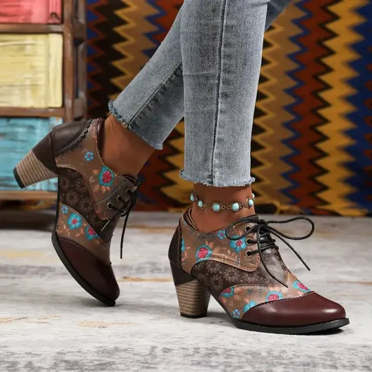 Dames Boheemse Enkellaarsjes met Blokhak – Orthopedische Comfort Veterlaarzen met Bloemenprint