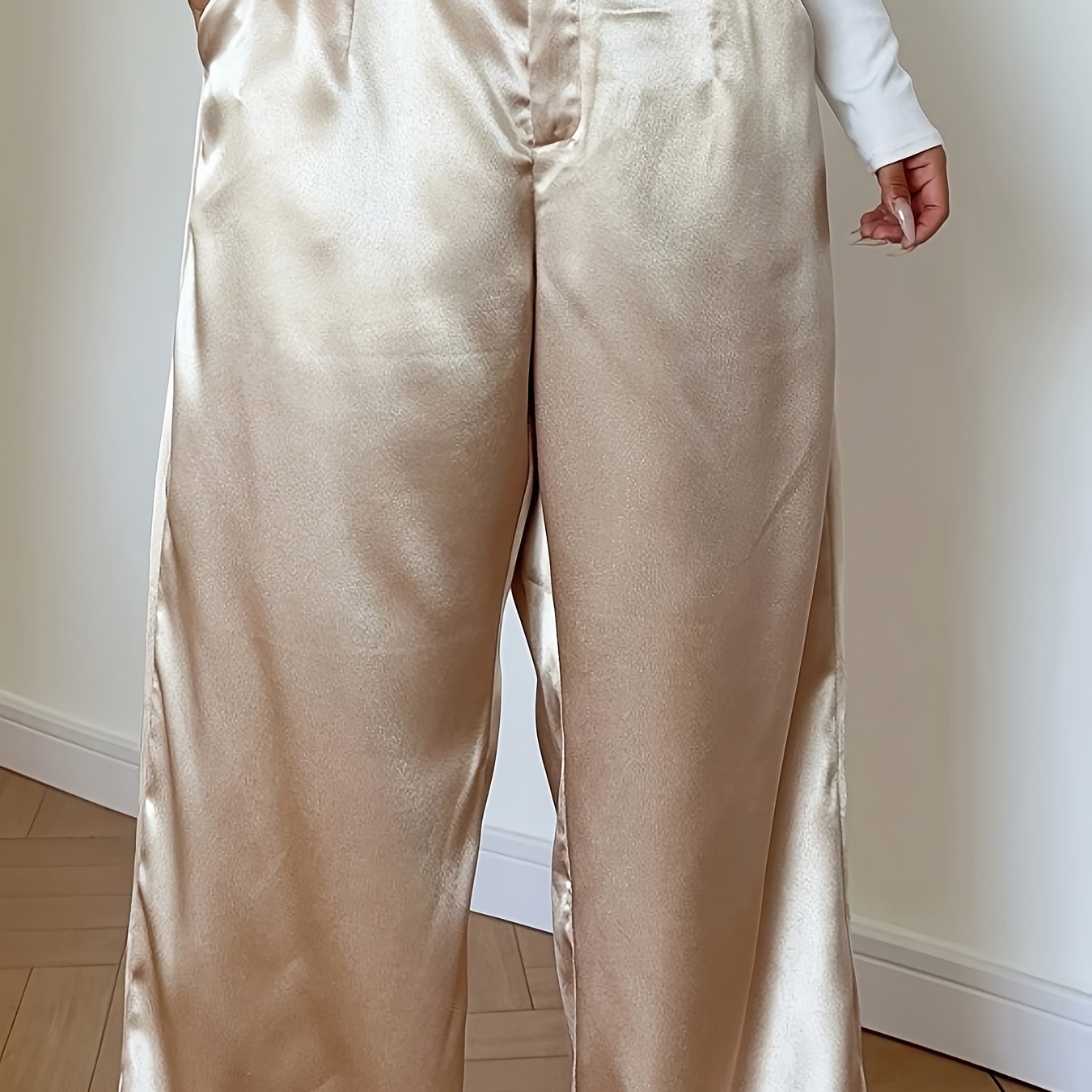 Dames Satijnen Broek in Grote Maten – Elegante Gouden Rechte Broek met Zakken