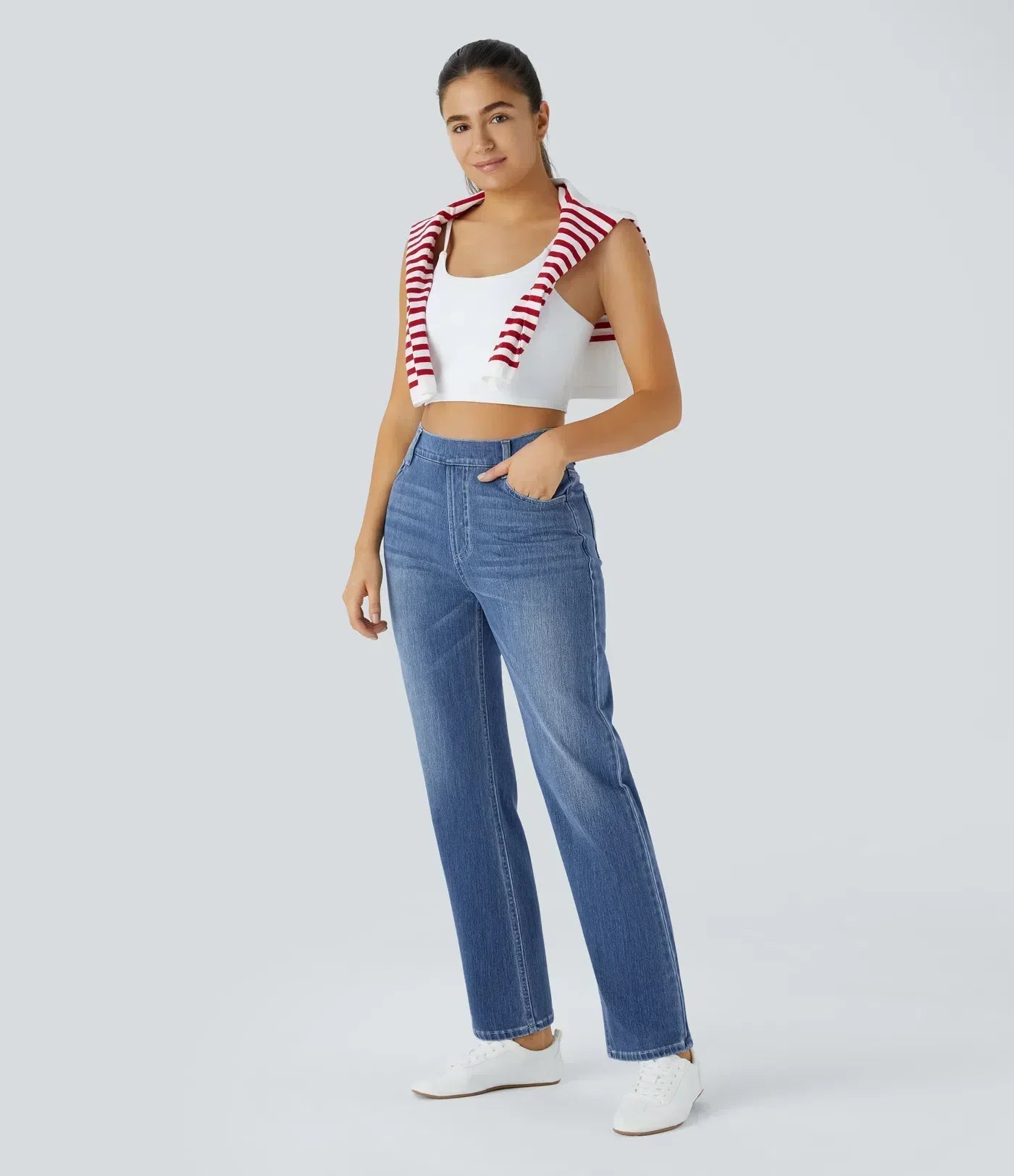 Dames Hoge Taille Stretch Broek – Comfortabele Slim Fit met Zakken