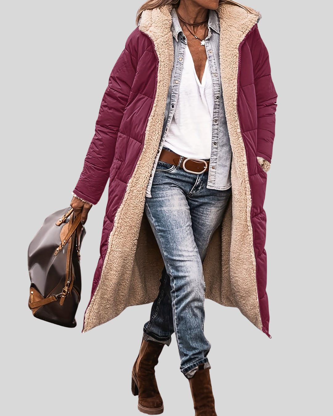 Lange Herfstjas met Warme Teddyvoering – Stijlvolle & Comfortabele Damesjas voor de Herfst
