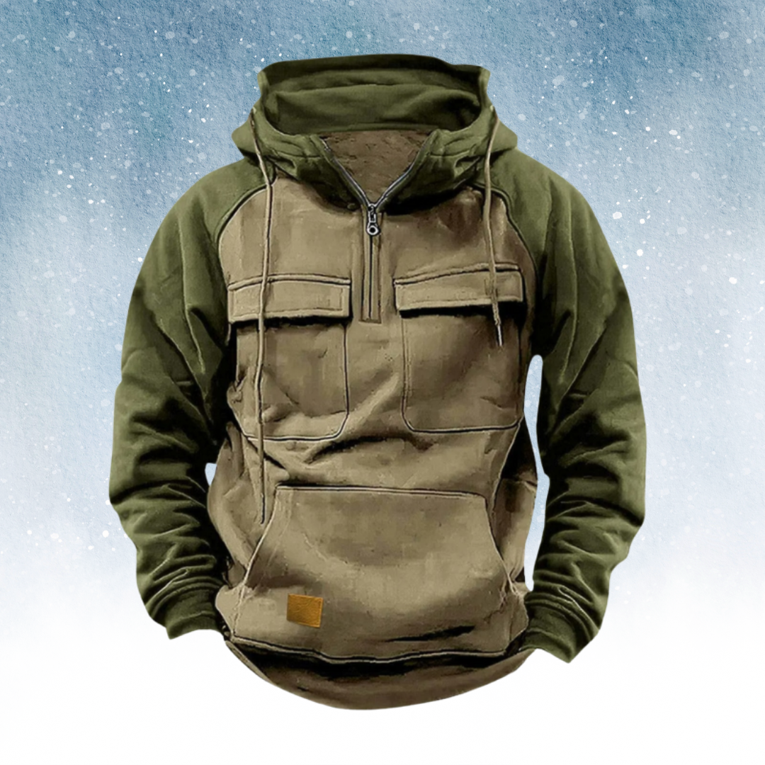 Multifunctionele Winter Hoodie voor Heren – Warme & Stijlvolle Kleurblok Hoodie met Praktische Zakdetails