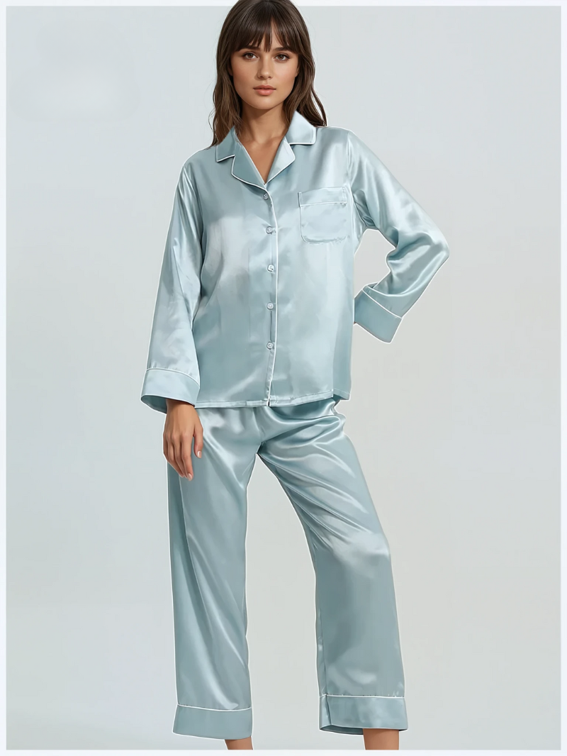 Luxe 22mm Moerbeizijde Dames Pyjama Set – Lange Mouw & Broek | Zachte, Ademend Nachtkleding