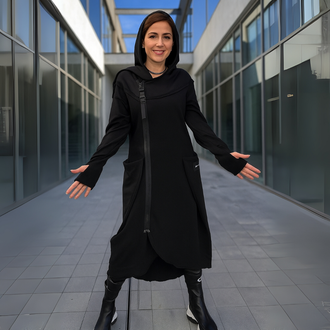 Hoodie Jurk met Lange Mouwen en Asymmetrische Zoom – Comfortabel & Stijlvol