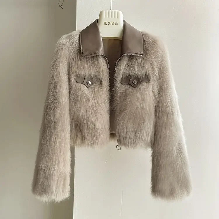 Faux Fur Cropped Jas – Luxe Damesjas met Nepbont, Leren Kraag & Moderne Pasvorm