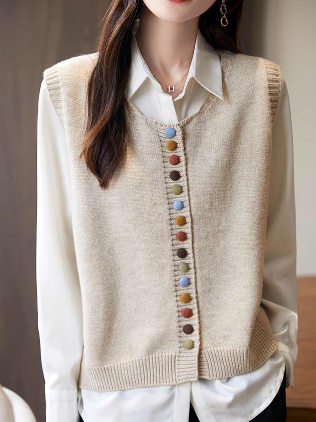 Dames Mouwloos Gebreid Sweater Vest – Losse Pasvorm Trui met Kleurrijke Knopen