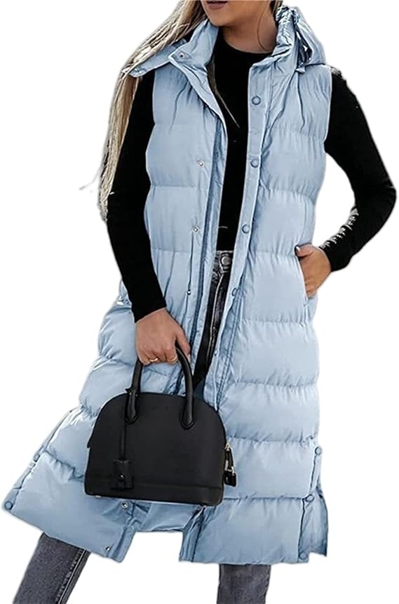 Warme Lange Gewatteerde Bodywarmer voor Dames – Mouwloos Vest met Capuchon en Zijsplitten