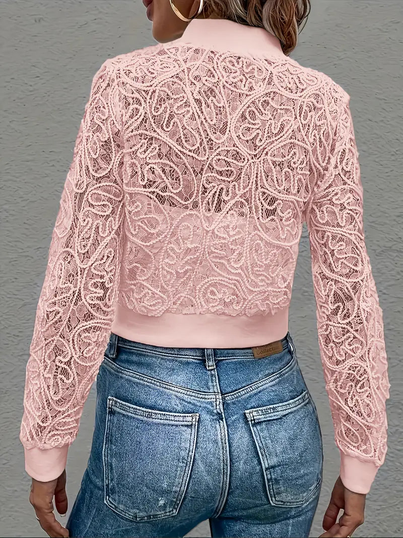 Crop Lace Bomber Jas Dames – Kanten Borduursel, Licht & Trendy Cropped Jacket