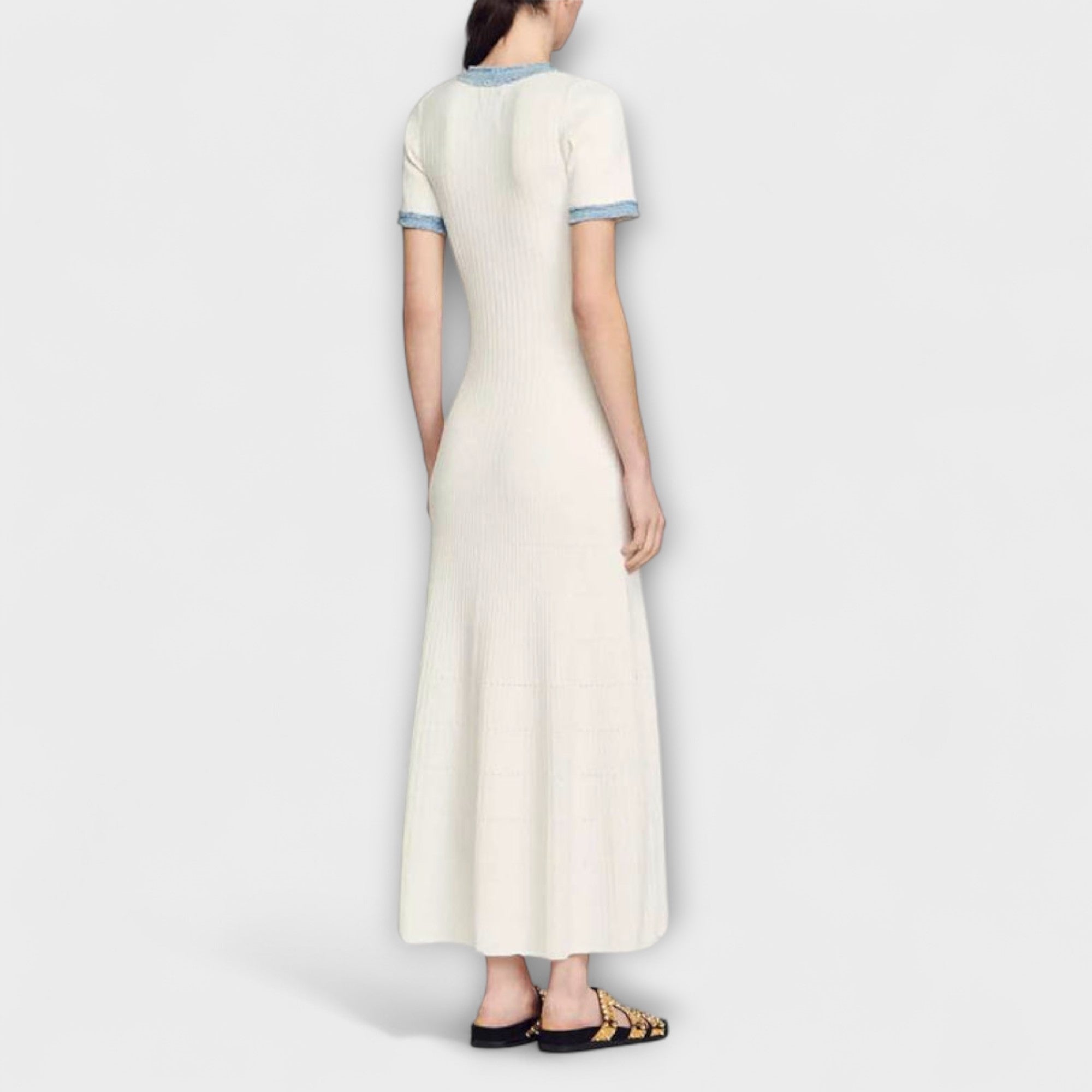 Elegante Maxi Jurk met Korte Mouwen, Knopen Voorzijde & Denim Afwerking | Stijlvolle Zomeroutfit voor Dames