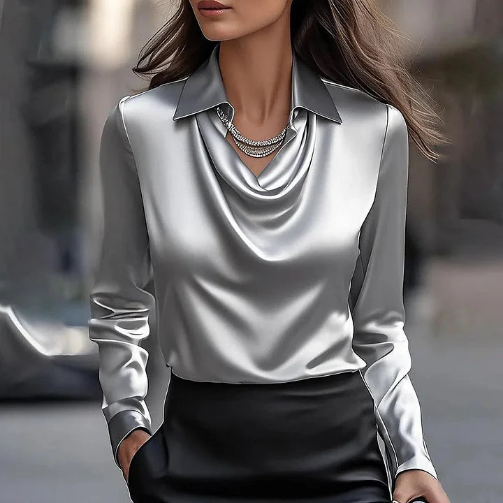Elegante Satijnen Zijde Blouse met Gedrapeerde Halslijn – Luxe Dames Top met Lange Mouwen