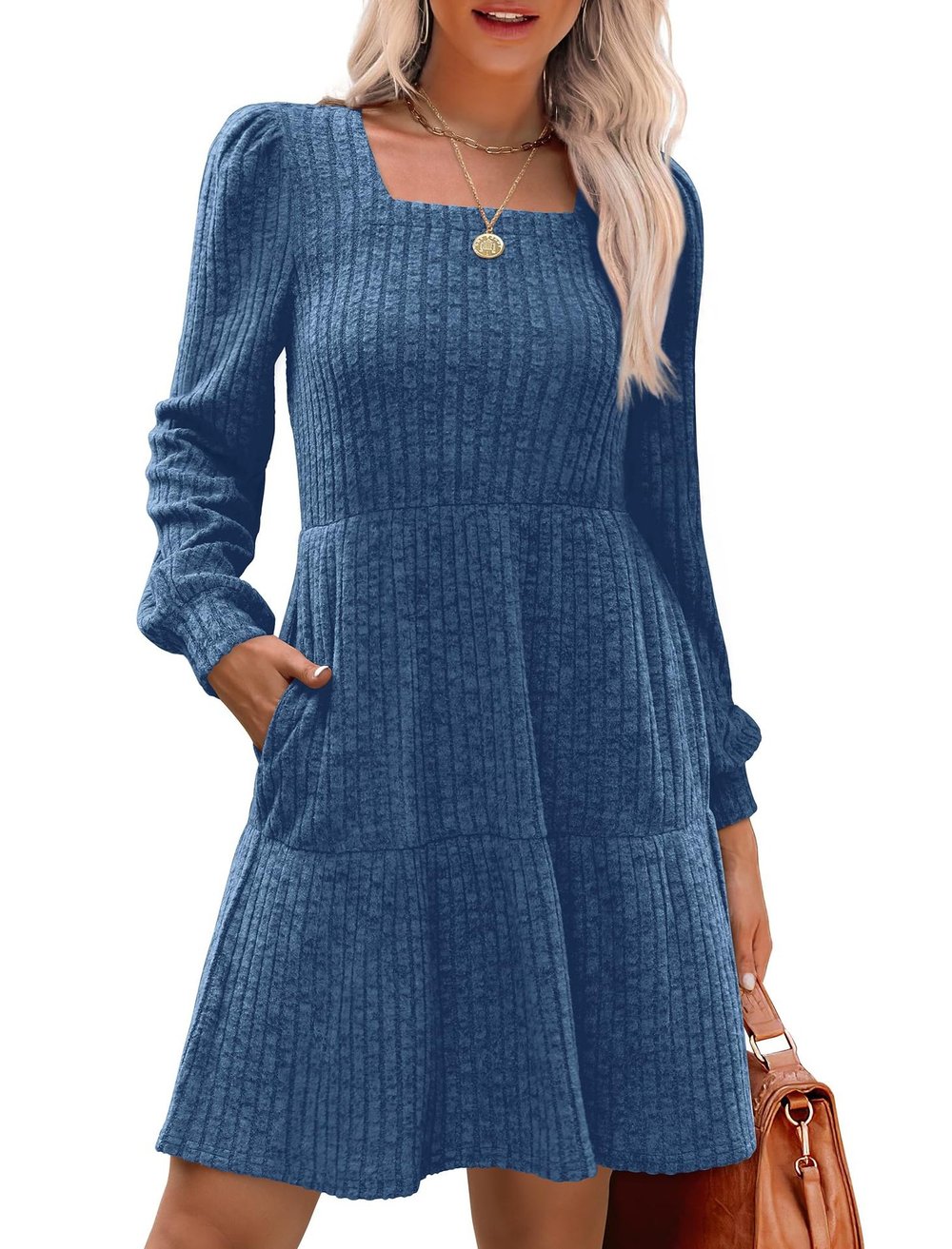 Flowy Gebreide Trui Jurk voor Dames – Casual Vierkante Hals en Lange Mouwen