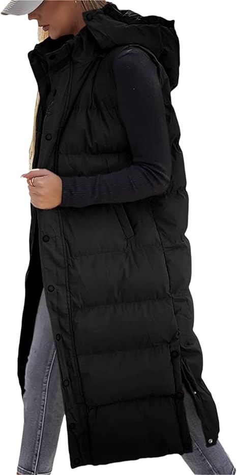 Warme Lange Gewatteerde Bodywarmer voor Dames – Mouwloos Vest met Capuchon en Zijsplitten