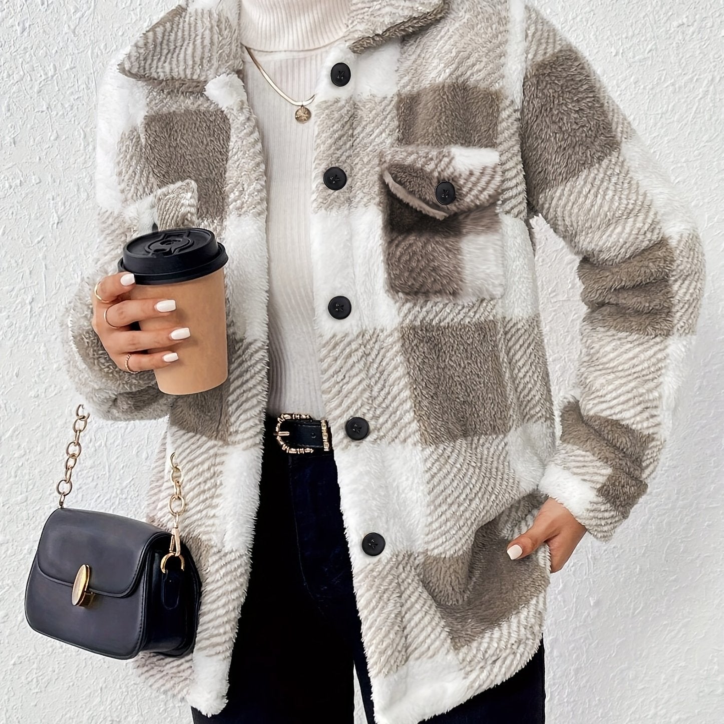 Dames Geruite Fleece Jas – Warme Geruite Overhemdjas met Lange Mouwen voor de Winter
