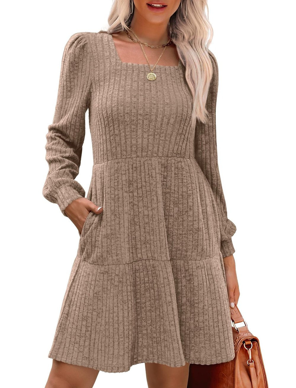 Flowy Gebreide Trui Jurk voor Dames – Casual Vierkante Hals en Lange Mouwen