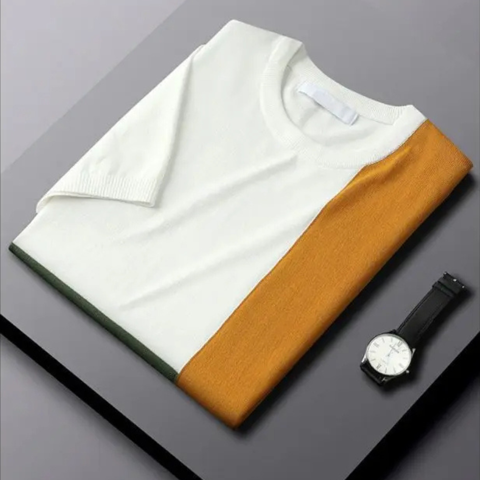 Colorblock Shirt voor Heren – Stijlvol Stretch-Knit T-shirt met Geometrisch Design