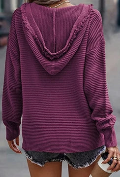 Hooded Gebreide Trui – Zachte Katoenmix, Oversized Pasvorm en V-Hals met Franjes