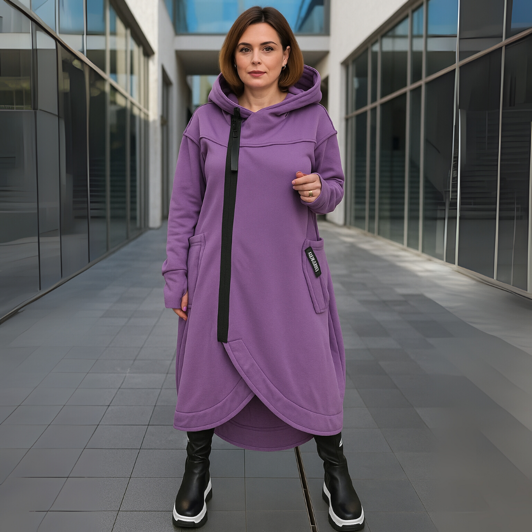 Hoodie Jurk met Lange Mouwen en Asymmetrische Zoom – Comfortabel & Stijlvol