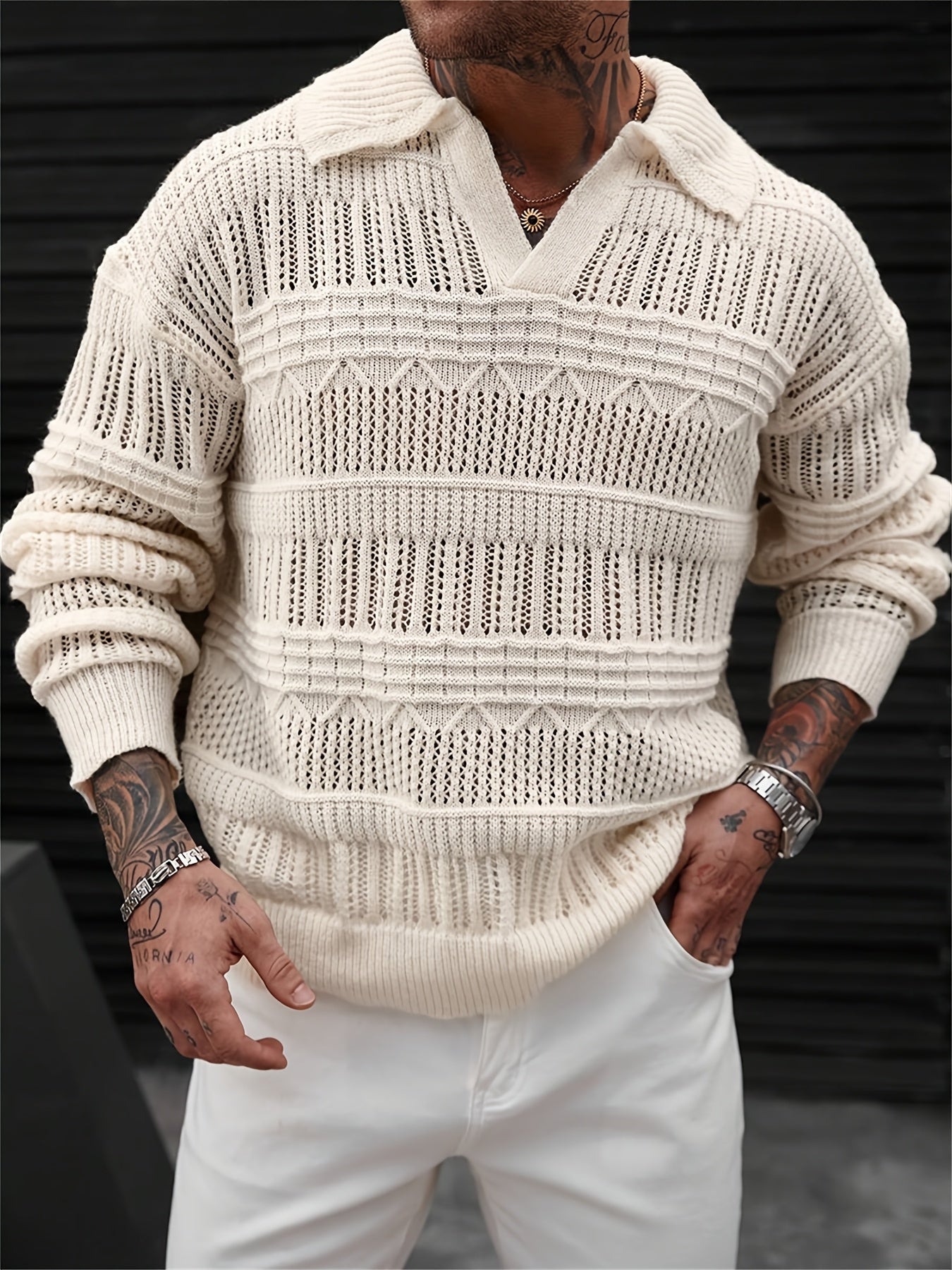 Heren Lange Mouw Open Gebreide Trui – Casual Lichtgewicht Pullover met Kraag