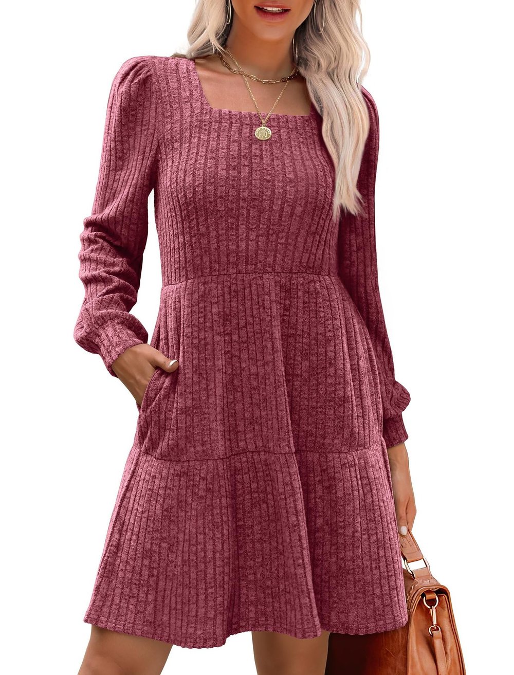Flowy Gebreide Trui Jurk voor Dames – Casual Vierkante Hals en Lange Mouwen