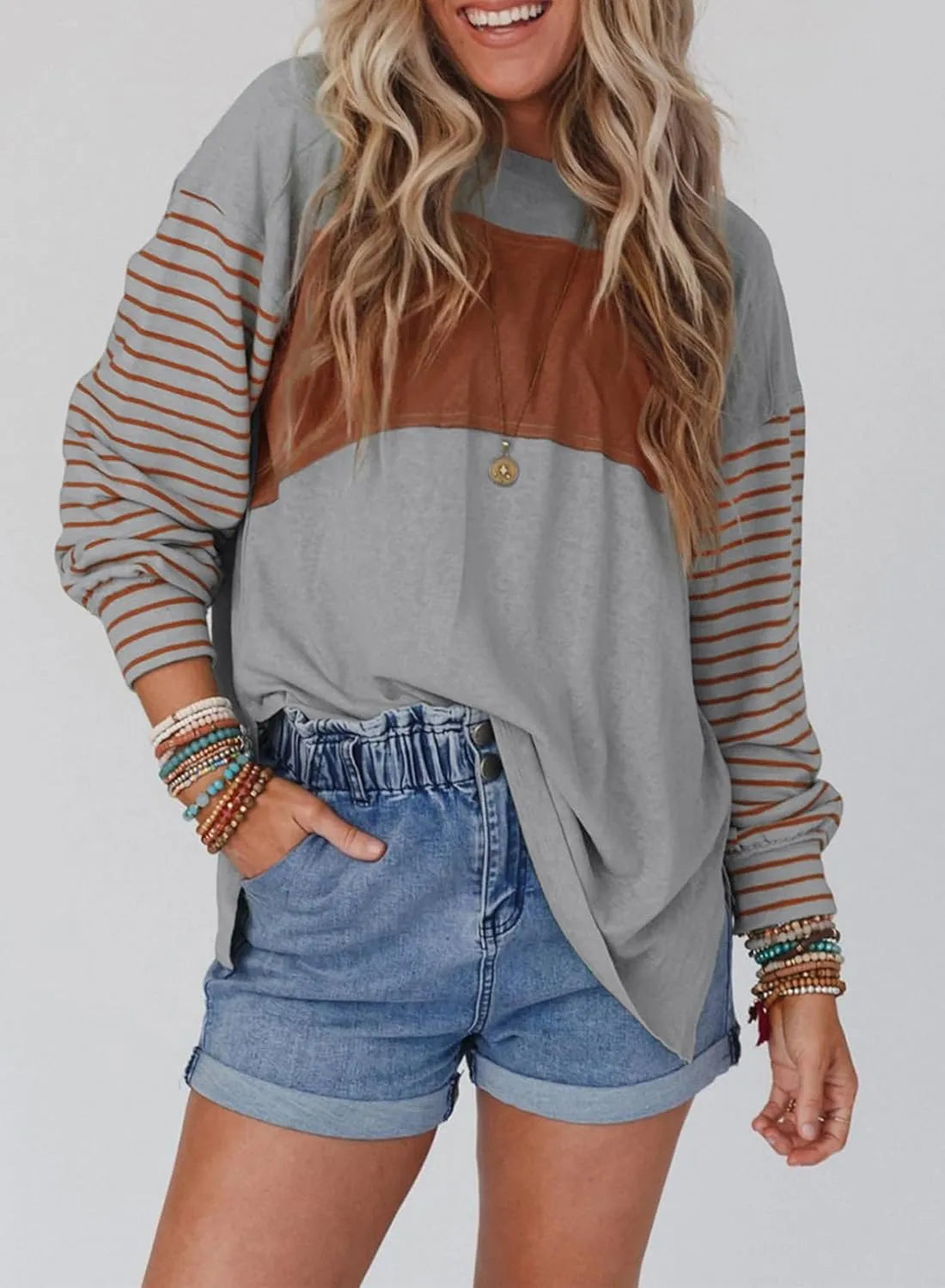 Oversized Colorblock Tuniek met Lange Mouwen – Casual Top met Gestreepte Mouwen