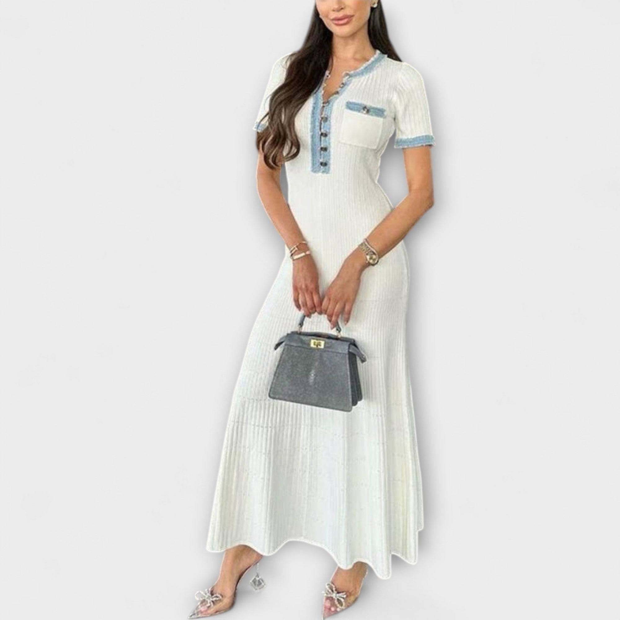 Elegante Maxi Jurk met Korte Mouwen, Knopen Voorzijde & Denim Afwerking | Stijlvolle Zomeroutfit voor Dames