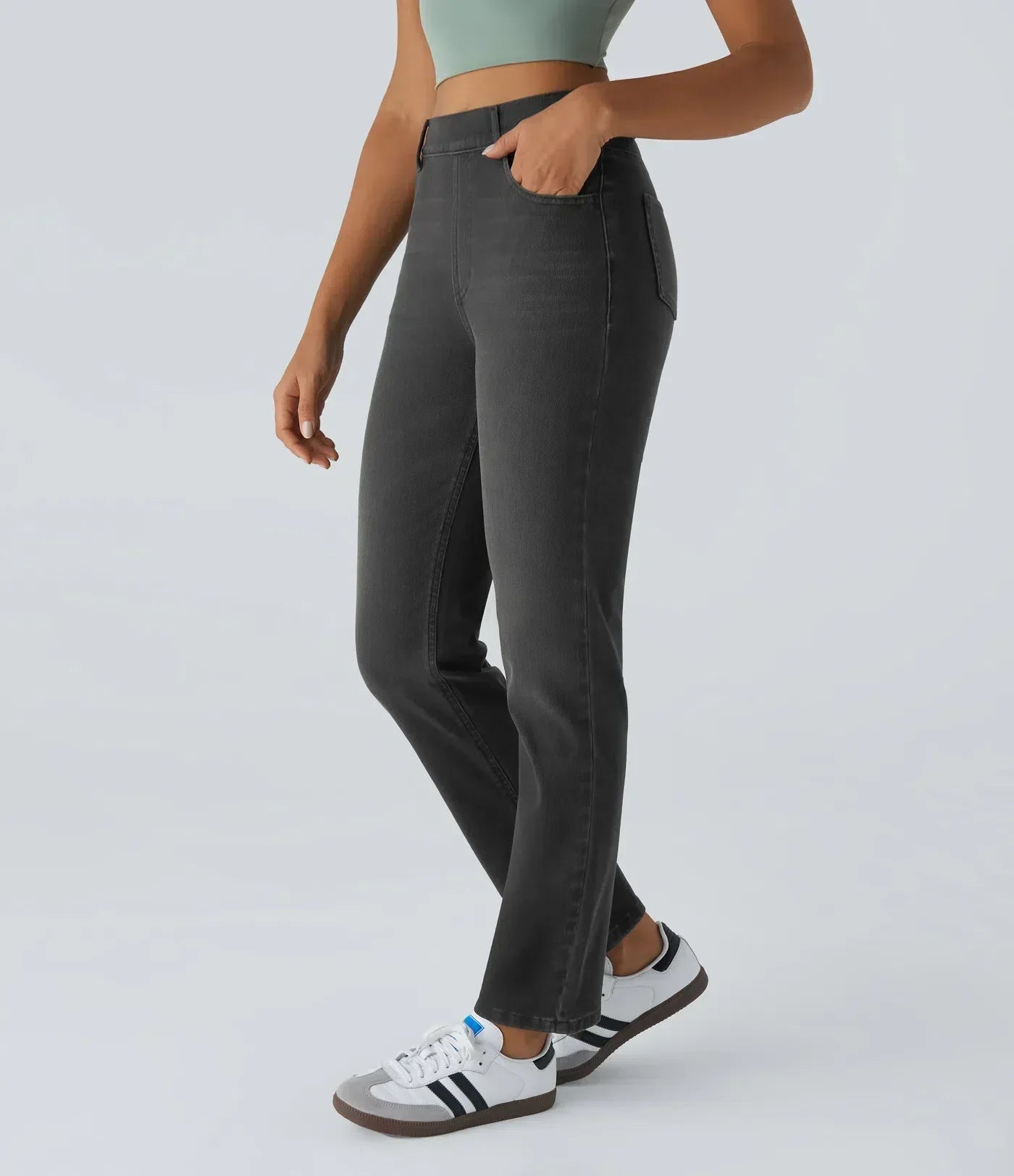 Dames Hoge Taille Stretch Broek – Comfortabele Slim Fit met Zakken