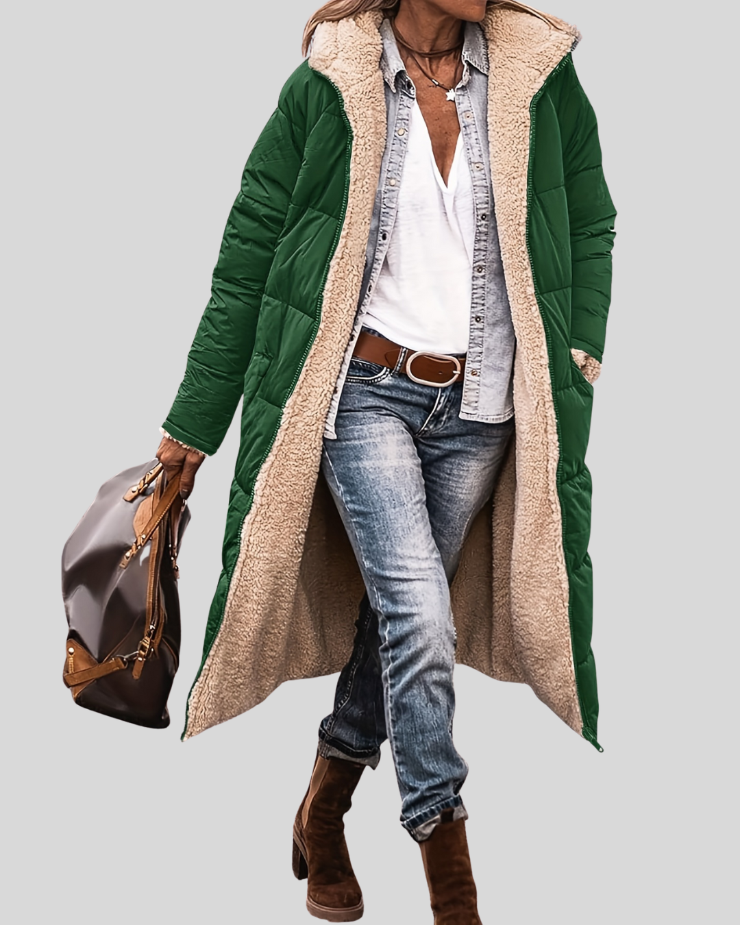 Lange Herfstjas met Warme Teddyvoering – Stijlvolle & Comfortabele Damesjas voor de Herfst